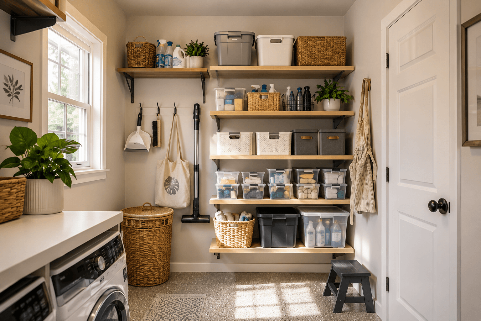 Organized laundry room with wall shelves, labeled bins, and clean counters
