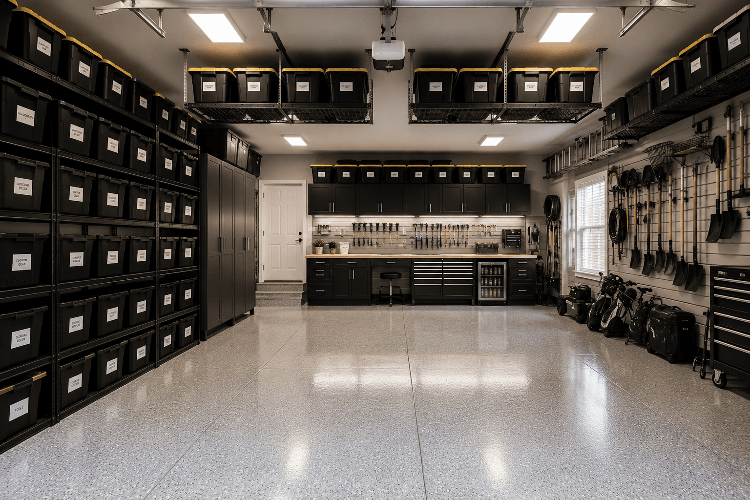 Premium garage with ceiling-mounted black bin storage, matching shelving, and full tool wall