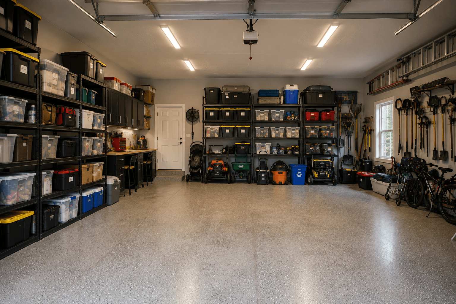 Organized garage with floor-to-ceiling shelving, labeled bins, and clear epoxy floor