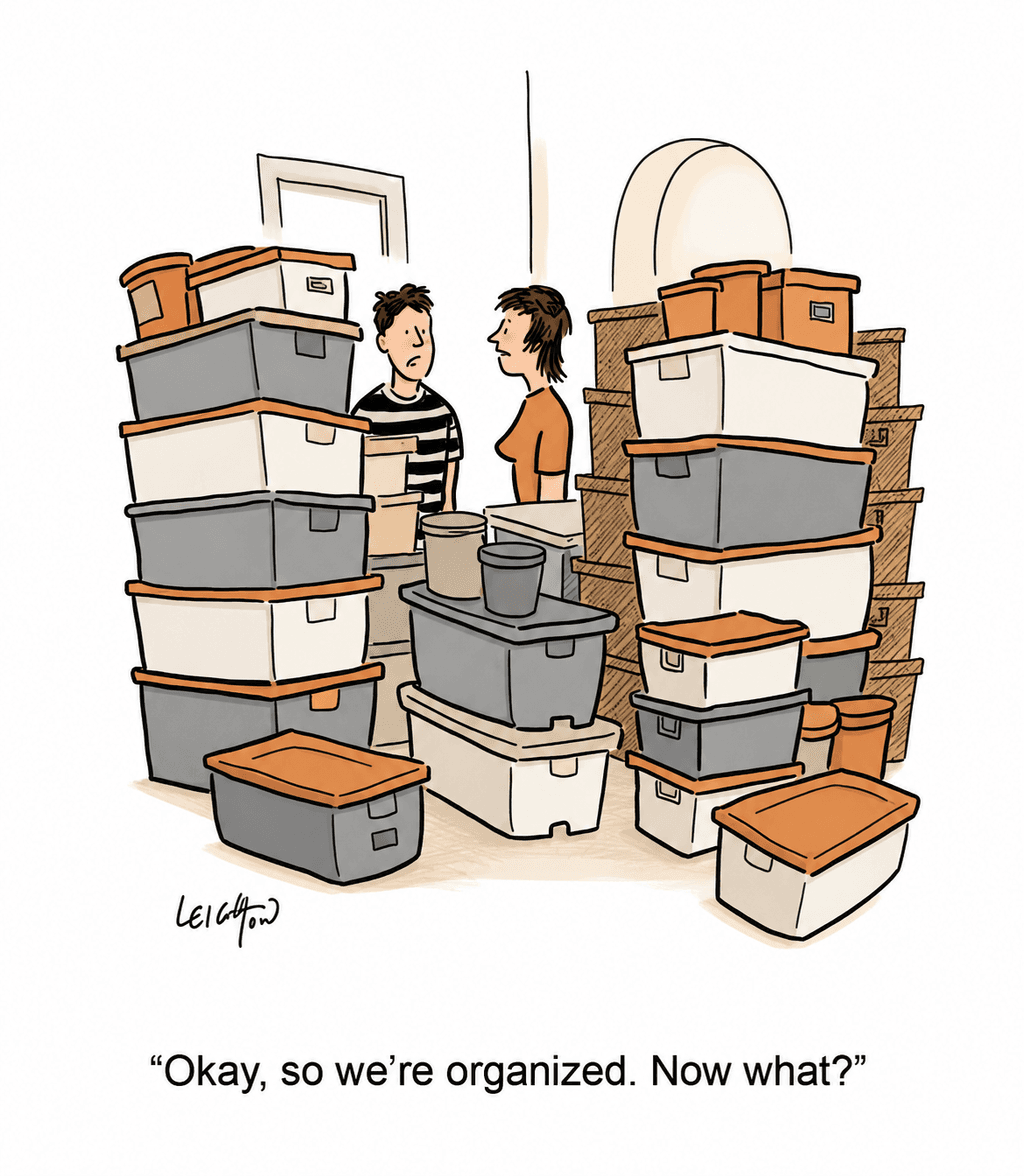 Cartoon: two people surrounded by stacked storage bins saying 'Okay, so we're organized. Now what?'